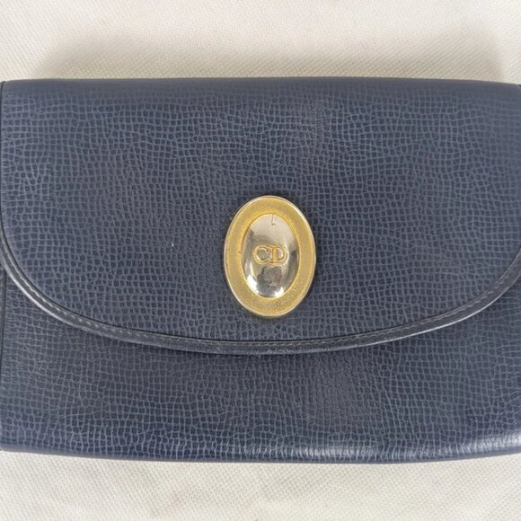 Authentic Christian Dior Leather Clutch Bag Gold Chain Navy Made in France - Picture 1 of 12